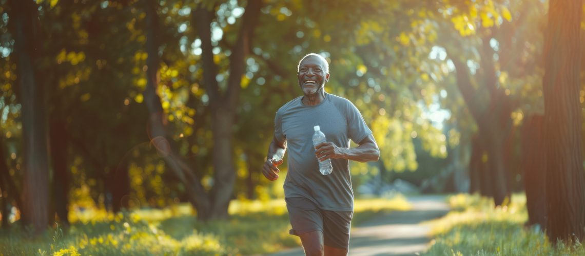 Smiling elderly black man jogging in green park outside in the morning, promoting an active lifestyle and engagement in sports for senior people, AI generated